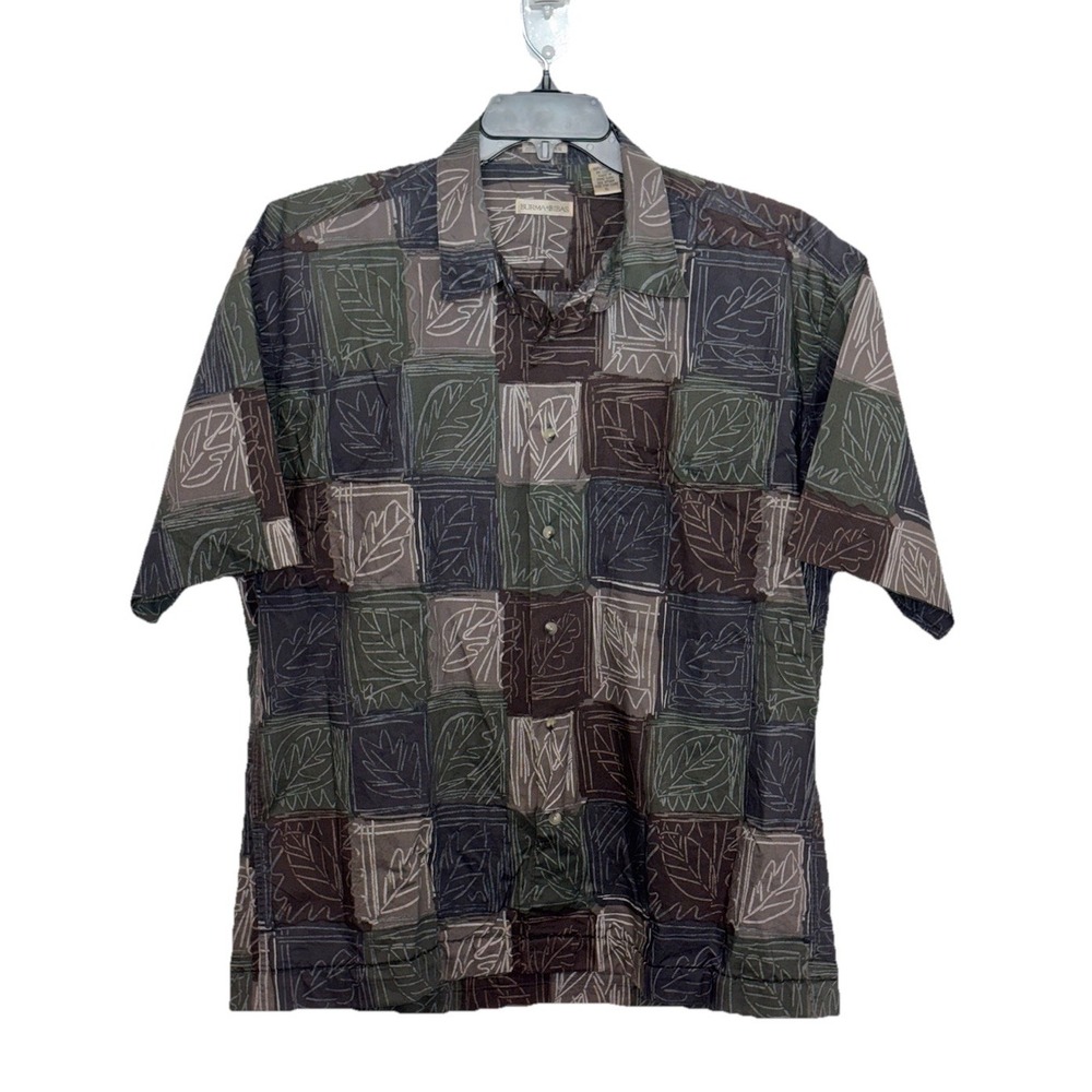 Vintage Burma Bibas Button Up Camp Shirt Mens XL, Green/Gray 80's Unique Casual